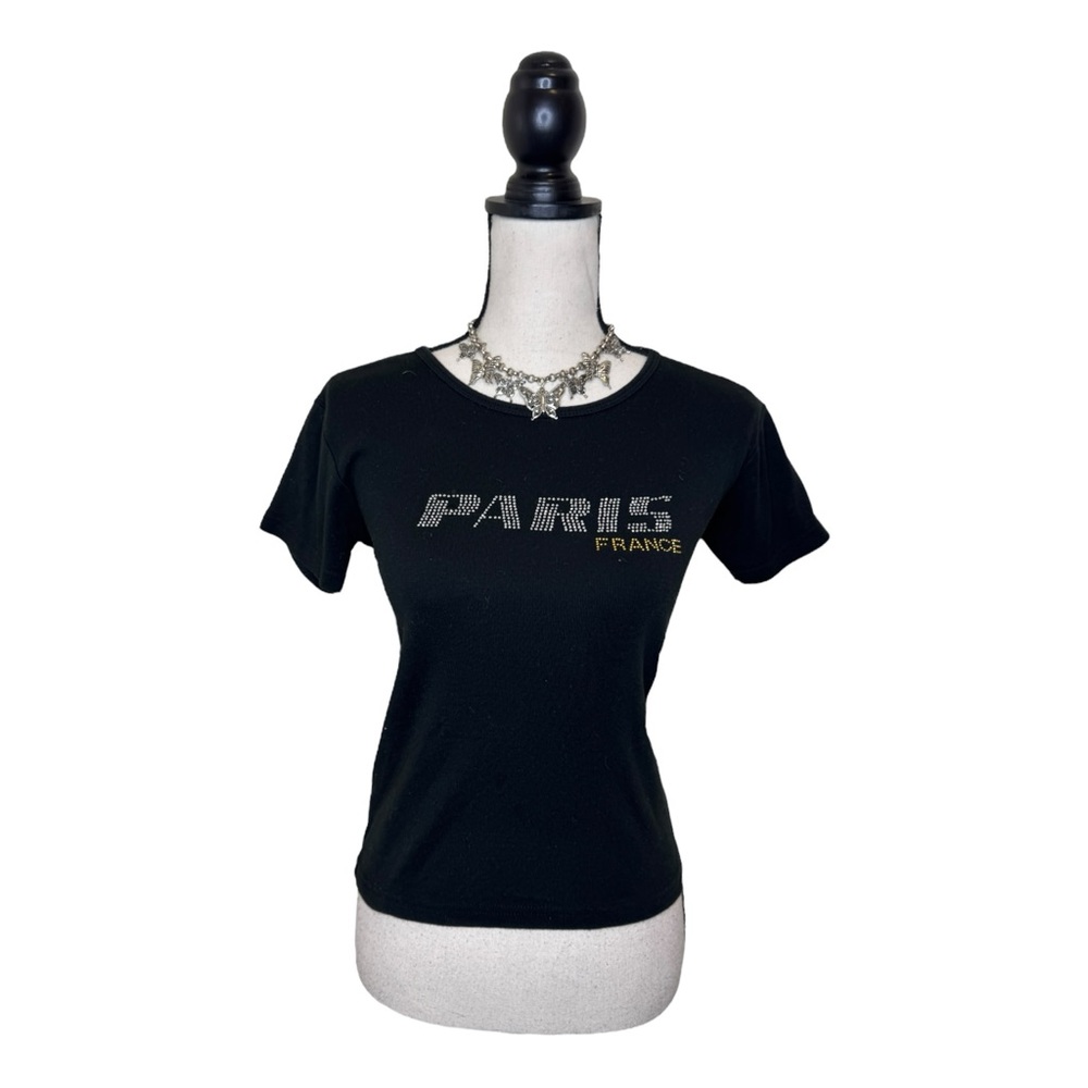 Y2K Sol’s Paris, France Black McBling Rhinestone Baby Tee Size Medium